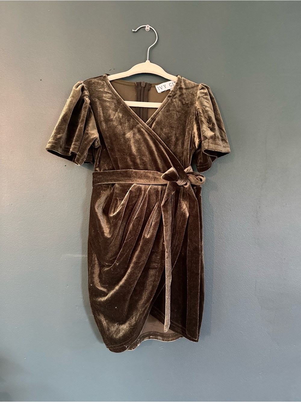 Ivy City Co Olive Green Velvet Wrap Dress